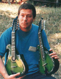 Boaz Elkayam with his Irish Green mandolins